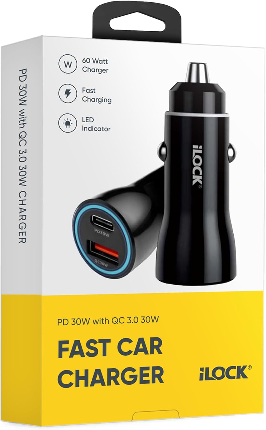 61sCSNPROoL._AC_SL1500_.jpg iLOCK 60W Dual Port Car Fast Charger | USB-C & USB-A | PD 30W + QC 30W | LED Indicator | Black