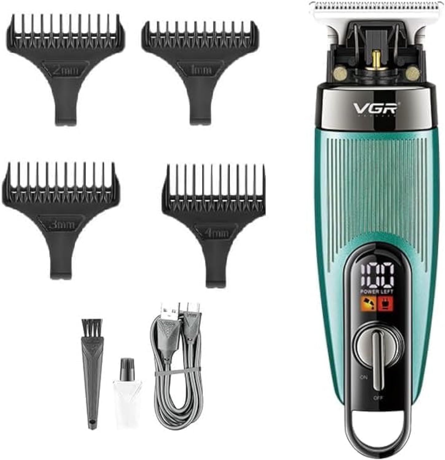 61sWKksehAL._AC_SL1500_.jpg ماكينة حلاقة شعر ولحية احترافية لاسلكية قابلة لإعادة الشحن من في جي ار، مع شاشة عرض رقمية وحلقة تعليق وشفرات ستانلس ستيل وكابل شحن USB و3 أمشاط توجيه، لون أخضر، موديل V-975