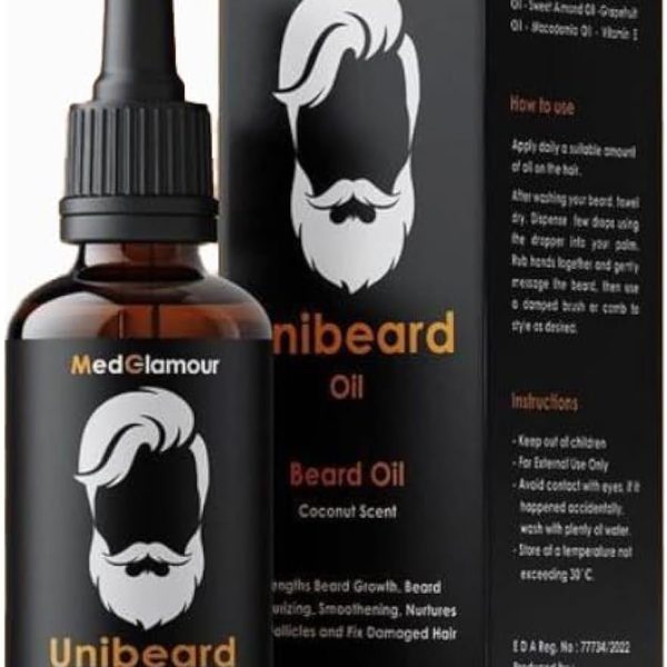Beard Oil for strengthening beard growth and nurturing hair follicles - 50 ml - with Argan, Jojoba, Avocado, Sweet Almond, Grapefruit, Macademia and Vitamin E - Unibeard oil with coconut scent