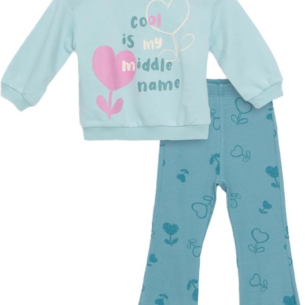 طقم سويت شيرت مطبوع برقبة دائرية ضيقة وأكمام طويلة وبنطلون ضيق للبنات من ال سي وايكيكي، قطعتين