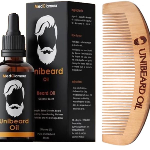 Unibeard Oil with Beard Comb - strengthening beard growth and nurturing hair follicles - Argan, Jojoba, Avocado, Sweet Almond, Grapefruit, Macademia and Vitamin E - coconut scent - 50 ml