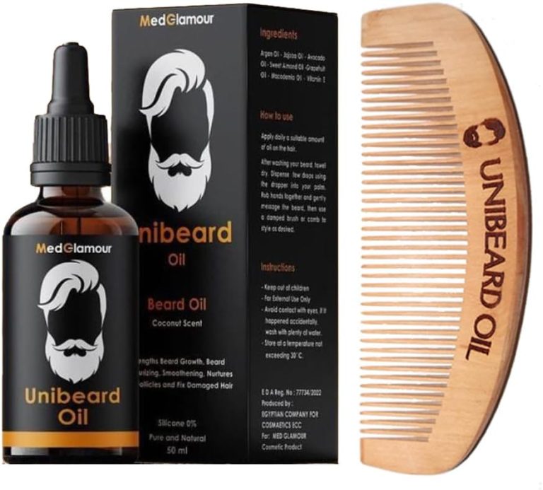 Unibeard Oil with Beard Comb - strengthening beard growth and nurturing hair follicles - Argan, Jojoba, Avocado, Sweet Almond, Grapefruit, Macademia and Vitamin E - coconut scent - 50 ml