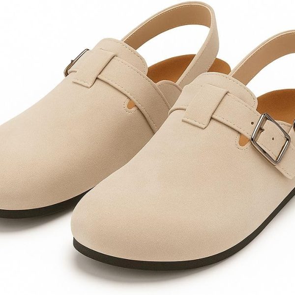 LOU Women's Suede Slingback Clogs with Buckle Strap, Tan, Casual Comfort Shoes