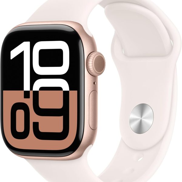 Apple Watch Series 10 GPS 42 mm Smartwatch with Rose Gold Aluminium Case with Light Blush Sport Band - S/M. Fitness Tracker, ECG App, Always-On Retina Display, Water Resistant