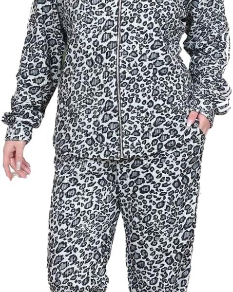 ترنج حريمي شتوي من سندوس (Sondos) - طقم رياضي كامل قطيفة مسحب بنقشة التايجر - سويت شيرت بكابيشو وبنطلون - تلبيس مرن 60 كجم حتى 90 كجم