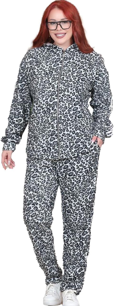 712bvpD1yML._AC_SL1280_.jpg ترنج حريمي شتوي من سندوس (Sondos) - طقم رياضي كامل قطيفة مسحب بنقشة التايجر - سويت شيرت بكابيشو وبنطلون - تلبيس مرن 60 كجم حتى 90 كجم