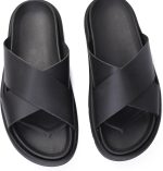 ⁦Men's Slip On Wide Cross Strap Genuine Leather Slip On Slip-Resistant Sole⁩ - الصورة ⁦3⁩