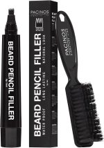 Pacinos Beard Pencil Filler - Water Proof, Long Lasting Coverage & Natural Finish - Beard, Moustache & Eyebrows - Micro-Fork Tip for Seamless Application - Includes Bristle Brush for Blending (Black)