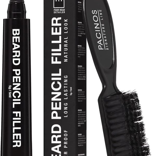 Pacinos Beard Pencil Filler - Water Proof, Long Lasting Coverage & Natural Finish - Beard, Moustache & Eyebrows - Micro-Fork Tip for Seamless Application - Includes Bristle Brush for Blending (Black)