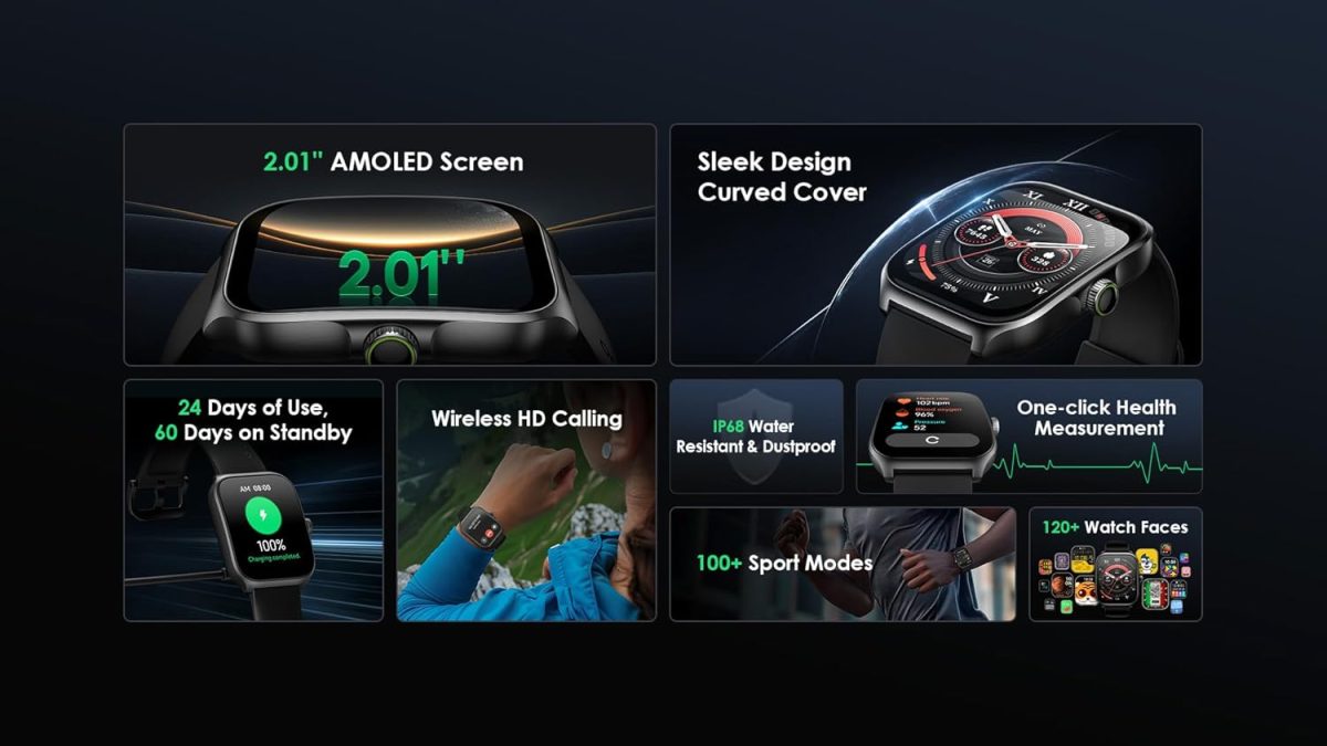 ⁦Oraimo Watch Nova AM (OSW-812) 2.01" AMOLED Full Touch Screen Curved Cover Smartwatch​ with Antibacterial Eartips⁩ - الصورة ⁦5⁩