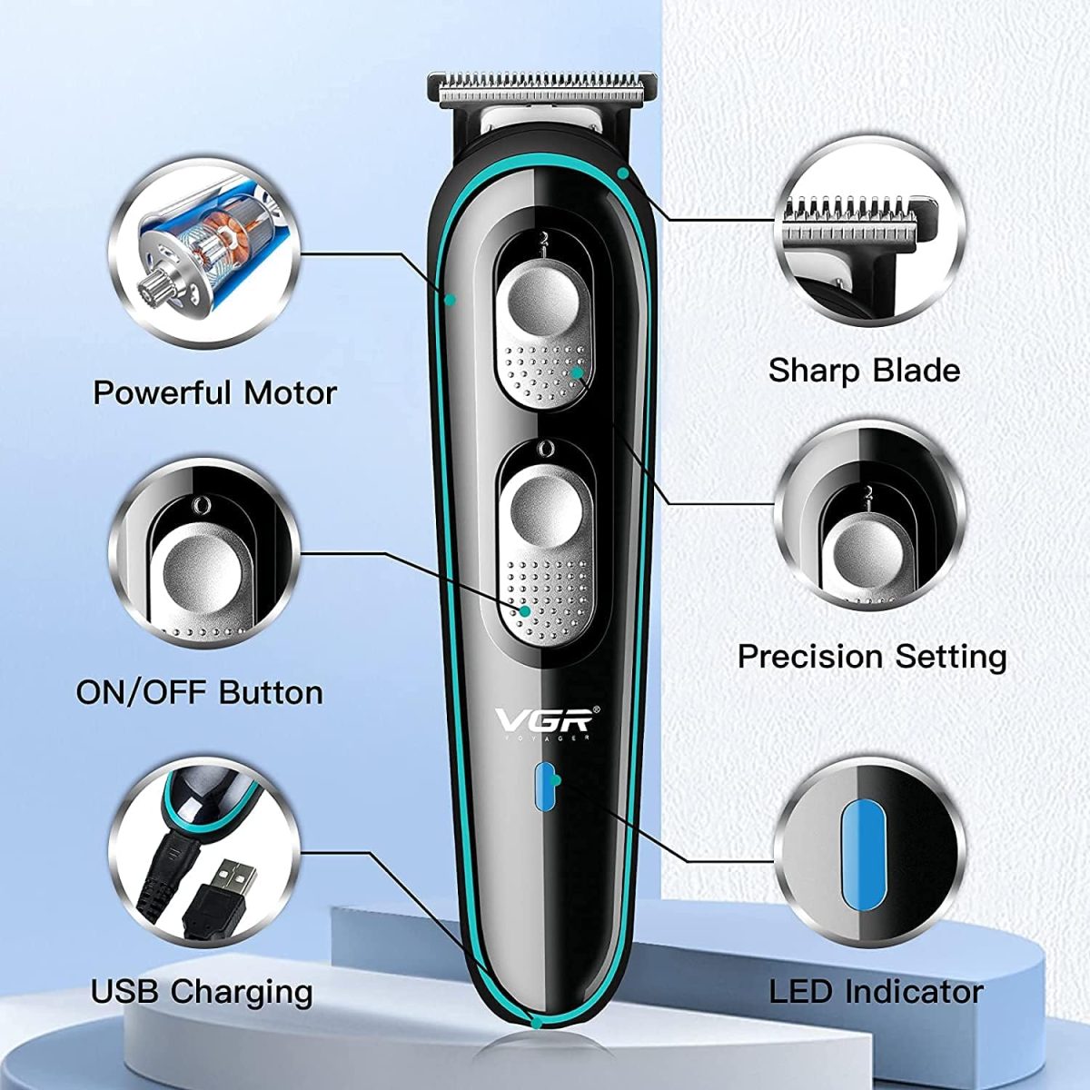 ⁦VGR V-055 Professional Cordless Beard Hair Trimmer Kit Wireless Hair Grooming Trimmers with 4 Guide Combs Brush USB Cord for Men, Family or Pets Rechargeable Li-ion Battery 120 mins Runtime - Black⁩ - الصورة ⁦5⁩