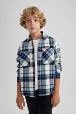 ⁦DeFacto Boy Oversize Fit Polo Neck Long Sleeve Navy Woven Top Long Sleeve Shirt, Navy 13/14 Y⁩ - الصورة ⁦4⁩