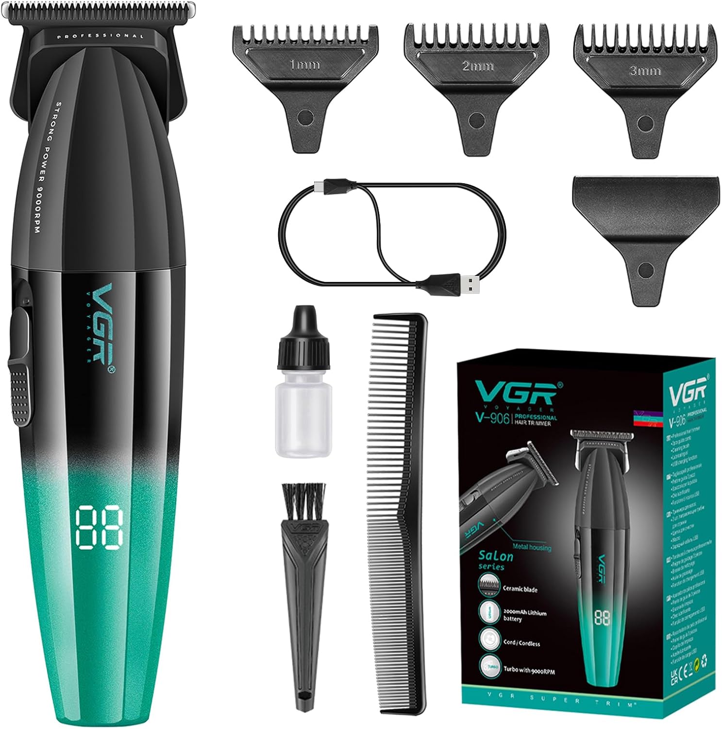 VGR 906 Fresh Fade Professional Hair Trimmer, 9000rpm Zero Gapped Beard Trimmer for Men, DLC T-Blade Cordless Hair Clipper for Barbers and USB Rechargeable, Green