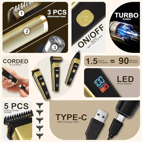 3-in-1 Professional Grooming Kit, LED Display, 90-Minute Runtime, USB Type-C Charging,