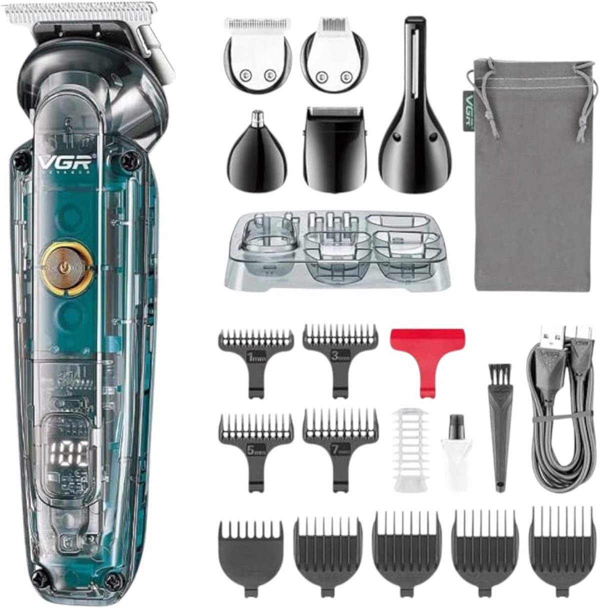 V-102 6-in-1 Professional Grooming Kit for Men | Trimmers for Face, Hair, Nose, Ears & Body | IPX6 Waterproof, 180 Minutes Runtime, 10 Guide Combs, Travel Pouch Included (Clear)