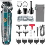 V-102 6-in-1 Professional Grooming Kit for Men | Trimmers for Face, Hair, Nose, Ears & Body | IPX6 Waterproof, 180 Minutes Runtime, 10 Guide Combs, Travel Pouch Included (Clear)