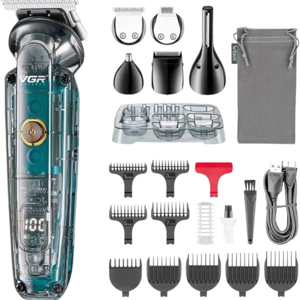 V-102 6-in-1 Professional Grooming Kit for Men | Trimmers for Face, Hair, Nose, Ears & Body | IPX6 Waterproof, 180 Minutes Runtime, 10 Guide Combs, Travel Pouch Included (Clear)