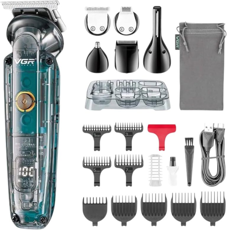 V-102 6-in-1 Professional Grooming Kit for Men | Trimmers for Face, Hair, Nose, Ears & Body | IPX6 Waterproof, 180 Minutes Runtime, 10 Guide Combs, Travel Pouch Included (Clear)