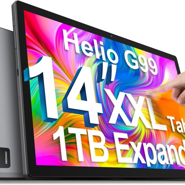MESWAO 2025 Tablet 14 inch Android 14 Upgraded Large Tablets, 1920x1200 WUXGA Touch Screen, Helio G99 Octa-Core CPU, 6GB+128GB+1TB Expand, Wi-Fi 5, 12000mAh All-Day Battery Life, 5MP + 32MP Cameras