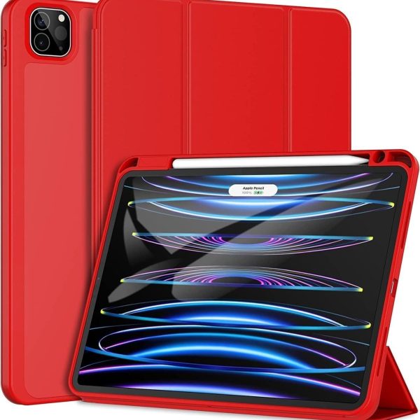 ELMO3EZZ جراب ايباد سمارت يدعم شاشة تعمل باللمس وخاصية تشغيل/ايقاف تلقائي مع حامل قلم جيل ثاني للشحن التلقائي، لايباد برو الجديد 11 بوصة 2022 (جيل رابع)/2021 (جيل ثالث)/ 2020 (جيل ثاني) من (Red)