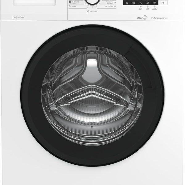 بيكو غسالة اوتوماتيك تحميل امامي - 7 كجم محرك عاكس برو سمارت (ضمان 10 سنوات) 1000 دورة في الدقيقة معالجة بالبخار شاشة LCD رقمية 15 برنامج تركي (ابيض باب اسود)، تعبئة أمامية