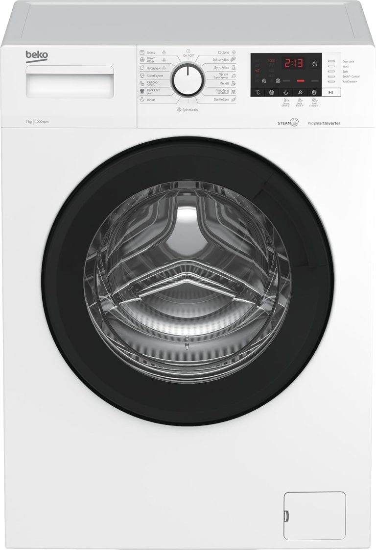 بيكو غسالة اوتوماتيك تحميل امامي - 7 كجم محرك عاكس برو سمارت (ضمان 10 سنوات) 1000 دورة في الدقيقة معالجة بالبخار شاشة LCD رقمية 15 برنامج تركي (ابيض باب اسود)، تعبئة أمامية