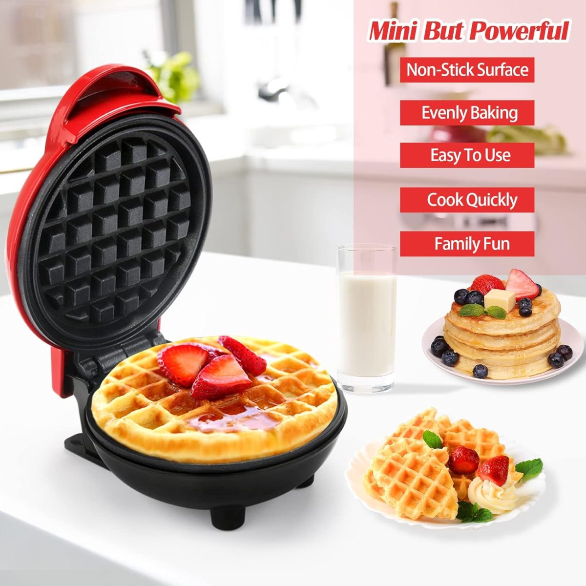 ⁦LOMUG Mini Round Waffle Maker, Non-Stick Belgian Waffle Maker for Home & Kids Birthdays⁩ - الصورة ⁦2⁩