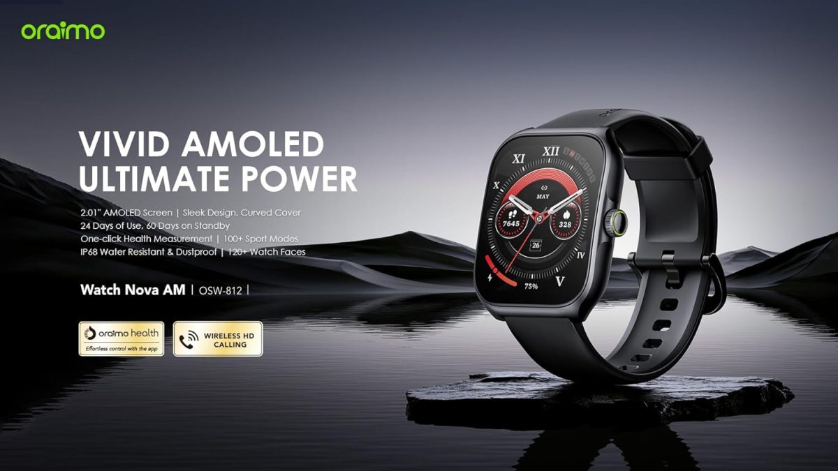 ⁦Oraimo Watch Nova AM (OSW-812) 2.01" AMOLED Full Touch Screen Curved Cover Smartwatch​ with Antibacterial Eartips⁩ - الصورة ⁦4⁩