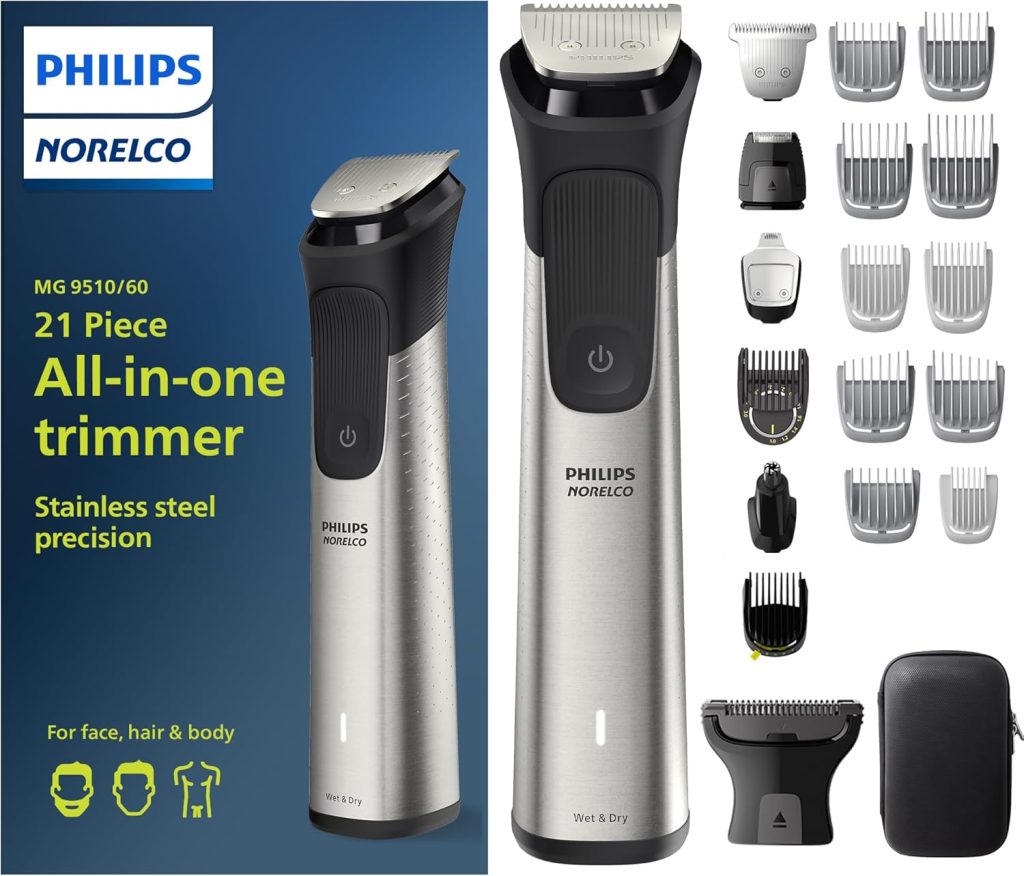 Norelco Multigroom Series 9000-21 piece Men's Grooming Kit for beard, body, face, nose, ear hair trimmer w/premium storage case, MG9510/60