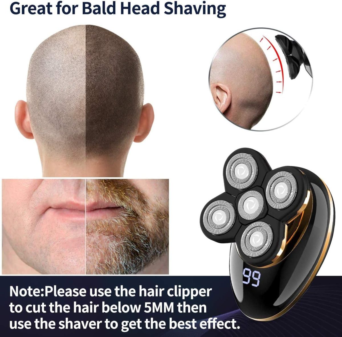⁦VGR V-316 Mens Head Shaver for Bald Men 5 in 1 LED Electric Cordless Razors USB Rechargeable Wet & Dry Grooming Kit Nose Hair Trimmer IPX5-Waterproof⁩ - الصورة ⁦2⁩