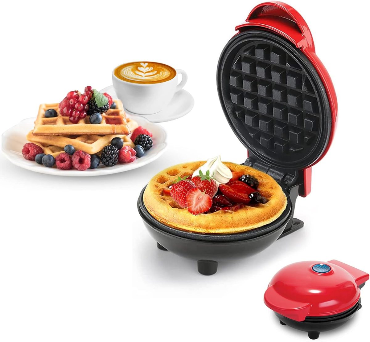 Yuragim Mini Waffle Maker, Small Non-Stick Waffle Iron for Quick Breakfast, Parties & Gifts, Red Plastic