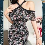 Floral Print Off Shoulder Bodycon Dress Maxi Black, Code (9102)