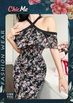 Floral Print Off Shoulder Bodycon Dress Maxi Black, Code (9102)