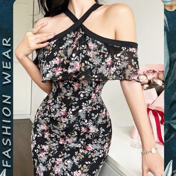 Floral Print Off Shoulder Bodycon Dress Maxi Black, Code (9102)