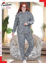 ⁦ترنج حريمي شتوي من سندوس (Sondos) - طقم رياضي كامل قطيفة مسحب بنقشة التايجر - سويت شيرت بكابيشو وبنطلون - تلبيس مرن 60 كجم حتى 90 كجم⁩ - الصورة ⁦2⁩