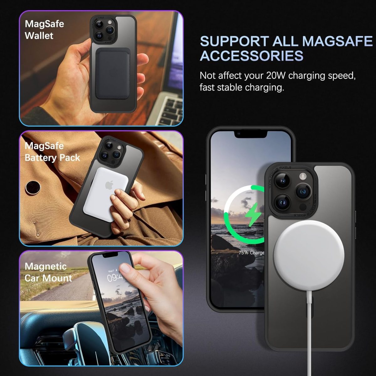 ⁦GaoBao iPhone 13 Pro Max 6.7 Inch Case Compatible with MagSafe, Hybrid Magnetic Case Cover Translucent Matte Back Protection Camera Cover Slim Shockproof Back Anti-Scratch Black⁩ - الصورة ⁦3⁩