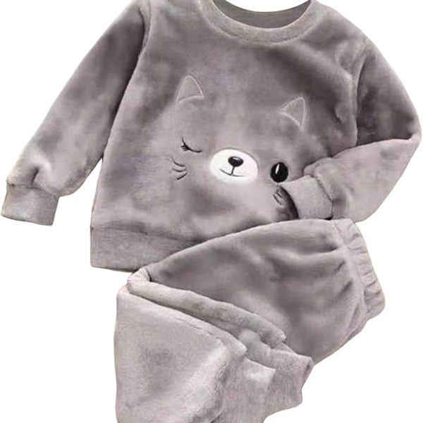 طقم شتوي للأطفال من خامة فرو ناعمة - ملابس شتوية مريحة برسومات كرتونية لطيفة للاطفال من ميزة