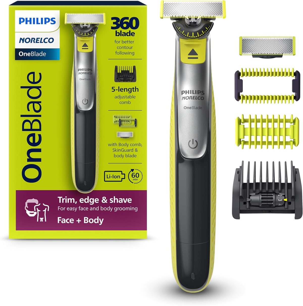 Philips Norelco OneBlade 360 Face + Body Hybrid Electric Trimmer and Shaver, QP2834/70