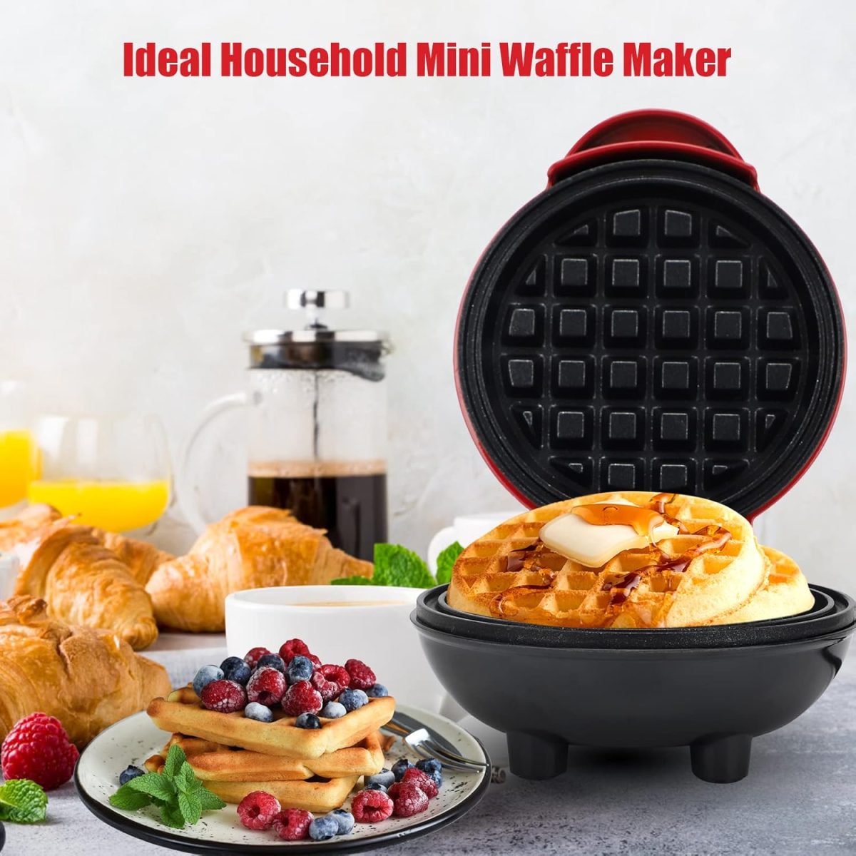 ⁦Yuragim Mini Waffle Maker, Small Non-Stick Waffle Iron for Quick Breakfast, Parties & Gifts, Red Plastic⁩ - الصورة ⁦7⁩