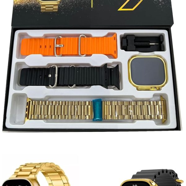 ADHOMAX X8 Ultra Max new golden eddition Smart Watch 49MM HD Display, Elegant Design, 3 straps, Lock, Screw, Fitness Tracker, Heart Rate, Calls, Wireless Charging, Camera, Weather | IOS, android (X8)