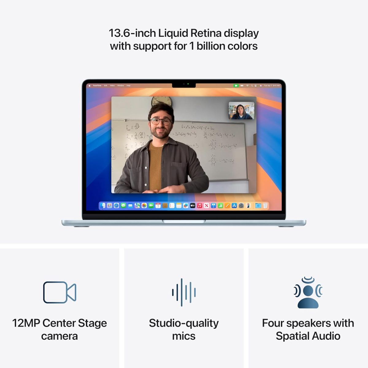 ⁦Apple 2025 MacBook Air 13-inch Laptop with M4 chip: Built for Apple Intelligence, 13.6-inch Liquid Retina Display, 16GB Unified Memory, 256GB SSD Storage, 12MP Center Stage Camera, Touch ID; Sky Blue⁩ - الصورة ⁦4⁩