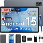 Tablet 2025 Latest Android 15 Tablets with 10.1 Inch Incell Display, 24GB RAM 256GB ROM /2TB TF, Gemini AI, T606 Octa-Core+8MP Camera, 5000mAh, Widevine L1, 2 in 1 Tablets with Keyboard Mouse Stylus