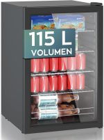 Heinrichs, Mini Fridge with Glass Door, Compact and Quiet: 41 dB, LED Interior Lighting, Perfect for Office, 5 to 18 °C, Black (115 Litres/4 Shelves/41 db) [Energy Class E] (115)