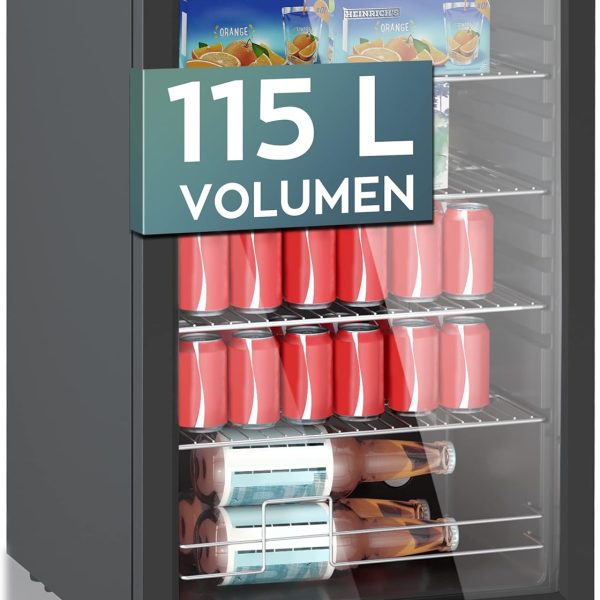 Heinrichs, Mini Fridge with Glass Door, Compact and Quiet: 41 dB, LED Interior Lighting, Perfect for Office, 5 to 18 °C, Black (115 Litres/4 Shelves/41 db) [Energy Class E] (115)