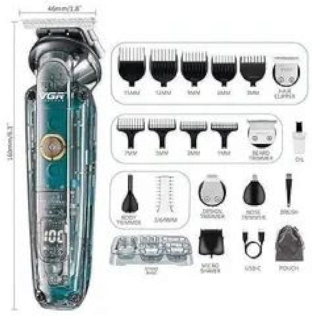 ⁦V-102 6-in-1 Professional Grooming Kit for Men | Trimmers for Face, Hair, Nose, Ears & Body | IPX6 Waterproof, 180 Minutes Runtime, 10 Guide Combs, Travel Pouch Included (Clear)⁩ - الصورة ⁦6⁩