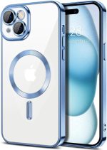 Dl3 Mobilak Electroplated Case for iPhone 15 6.1-Inch, Camera Lens Full Protection, Compatible with MagSafe Wireless Charging, Shockproof Soft TPU Phone Cover (Sierra Blue)