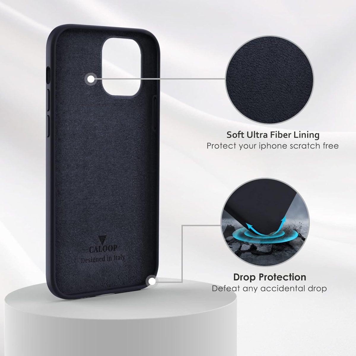 ⁦CALOOP Liquid Silicone Case Designed for iPhone 12 Pro Max Case, Full Body Protective Covered Gel Rubber Slim Shockproof Cover Case with Microfiber Lining, 6.7 inch (Black)⁩ - الصورة ⁦3⁩