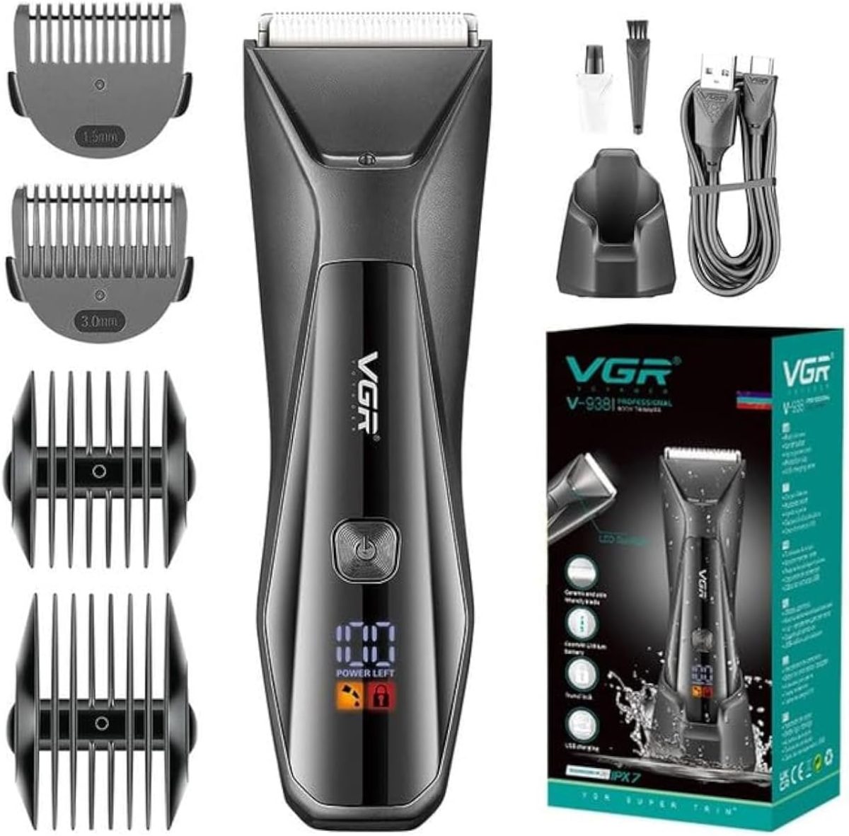 VGR V- 938 Body Hair Trimmer for Men - Men Ball Trimmer, Groin Hair Trimmer with 4 Trimming Combs, Waterproof Pubic Hair Trimmer Wireless Charger Dock Body Groomer with LED Spotlight & Travel Lock
