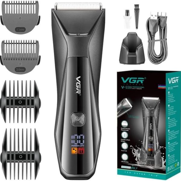 VGR V- 938 Body Hair Trimmer for Men - Men Ball Trimmer, Groin Hair Trimmer with 4 Trimming Combs, Waterproof Pubic Hair Trimmer Wireless Charger Dock Body Groomer with LED Spotlight & Travel Lock