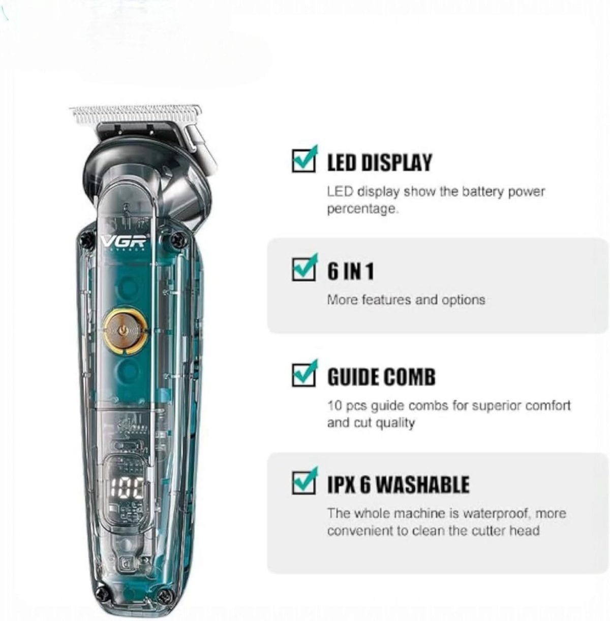 ⁦V-102 6-in-1 Professional Grooming Kit for Men | Trimmers for Face, Hair, Nose, Ears & Body | IPX6 Waterproof, 180 Minutes Runtime, 10 Guide Combs, Travel Pouch Included (Clear)⁩ - الصورة ⁦7⁩